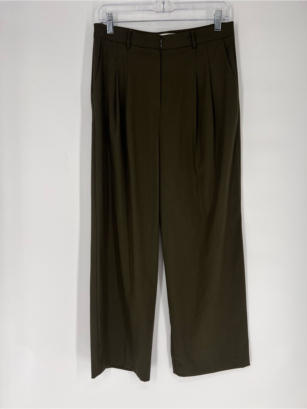 The Frankie Shop Olive Green Wide-Leg Pleated Fitted Work Casual Preppy Trousers